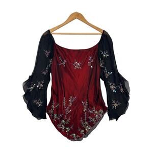 Vintage Cache Top Womens Large Red Black Silk Sheer Y2K Beaded Whimsigoth Witchy